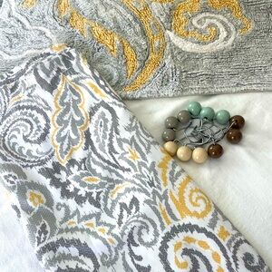 Gray and Yellow Paisley Fabric shower curtain set